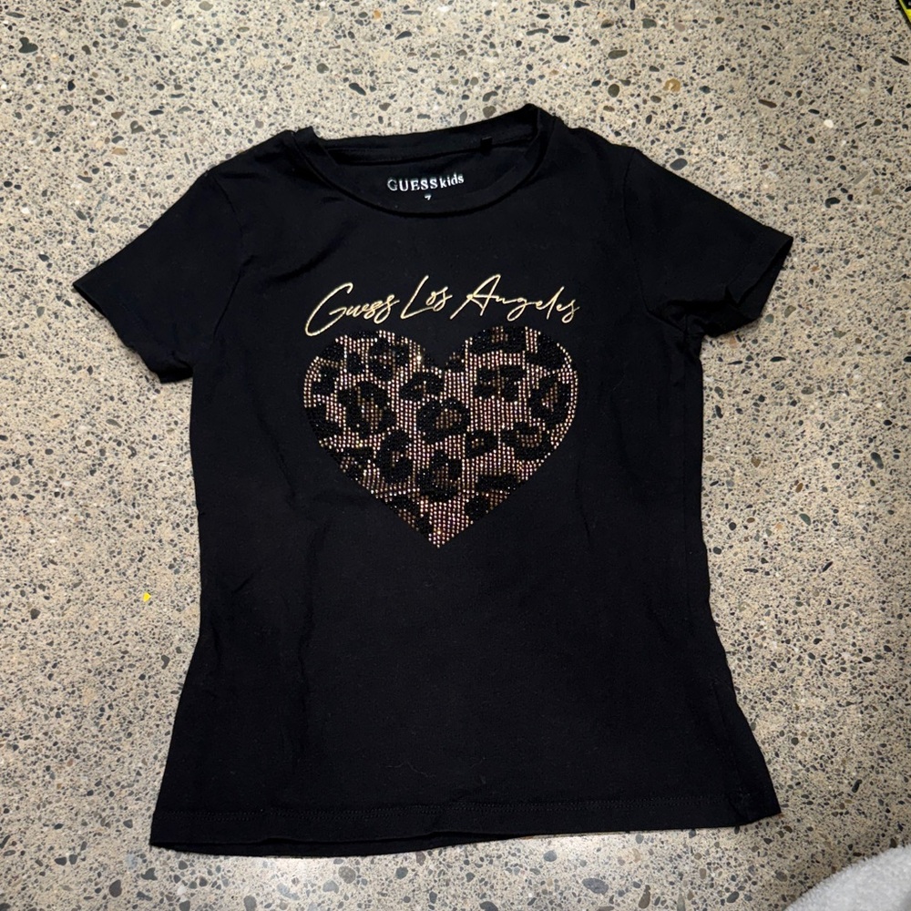 Guess Black Tee with Gold Script and Leopard Heart